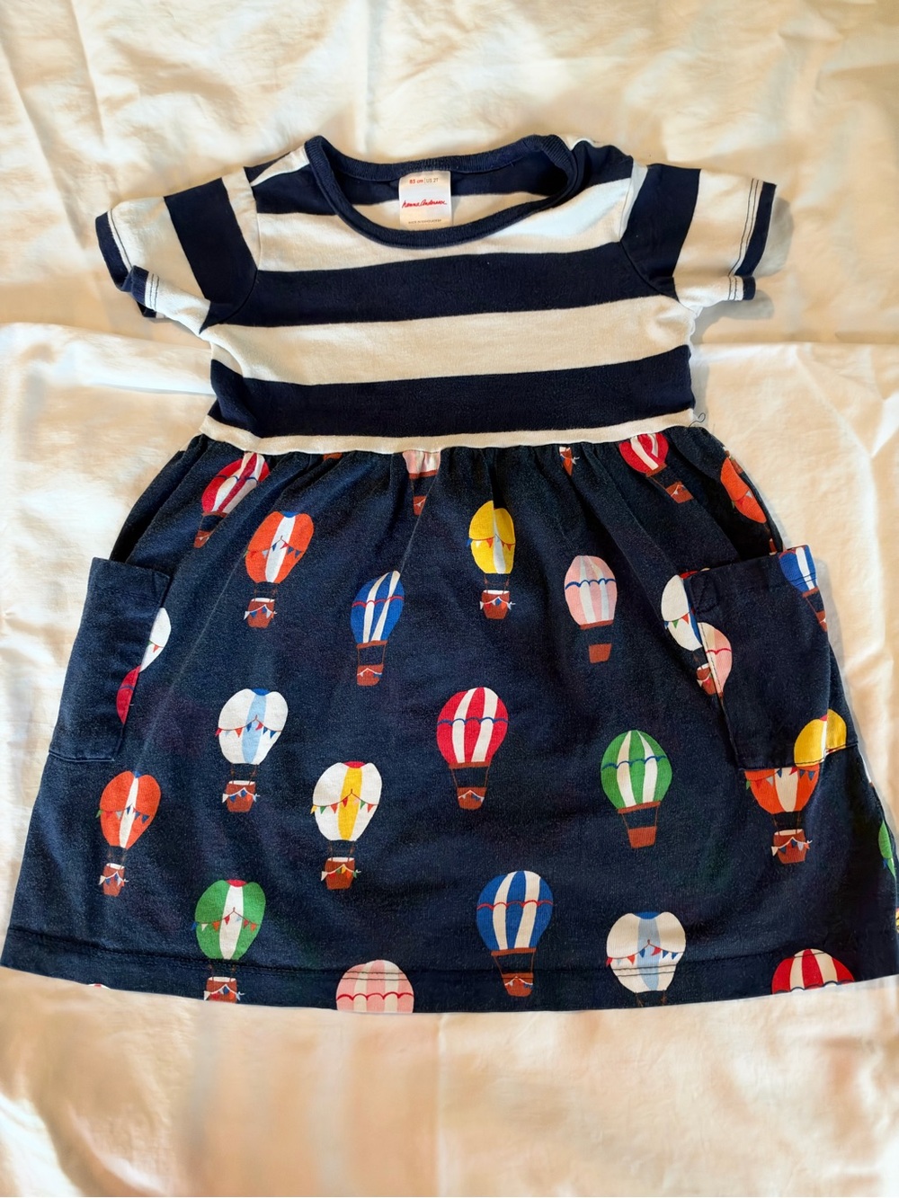 Hanna Andersson Navy & White Stripe Mixie Dress with Colorful Hot Air Balloons